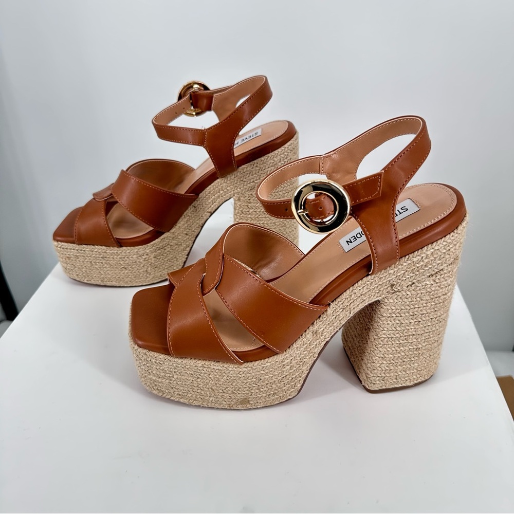 Steve Madden Matter Heeled Platform Sandals in Cognac size 10 New Ankle Strap - Picture 5 of 10